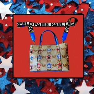 Karl Lagerfeld Paris Rare XL Cross Body Neutral Beige W Pops of Patriotic Color
